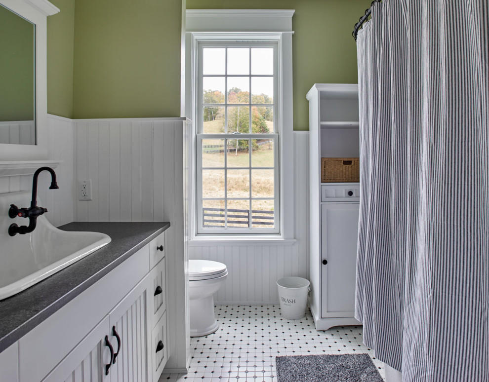 Photo of a mid-sized country master bathroom in Other with beaded inset cabinets, white cabinets, ceramic floors, a wall-mount sink, engineered quartz benchtops, white floor and grey benchtops.