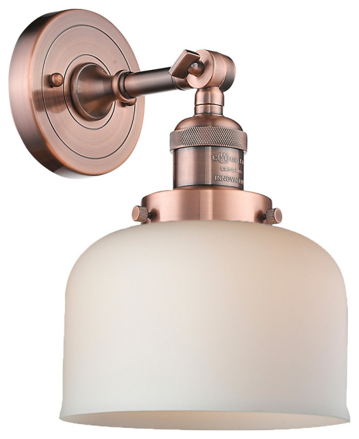 Large Bell 1-Light LED Sconce, Antique Copper, Glass: Matte White Cased