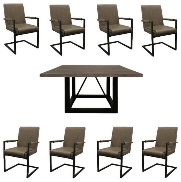 Home Square 9Piece Set with Square Dining Table & 8 Leather Arm Chairs