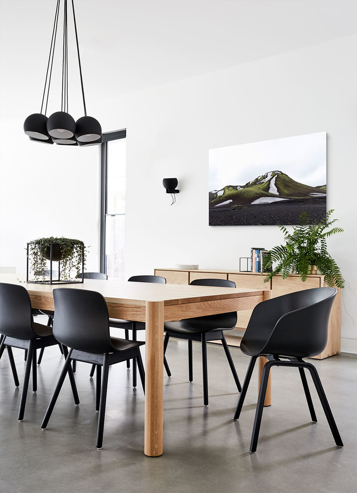 This is an example of a contemporary separate dining room in Melbourne with concrete floors, white walls and grey floor.