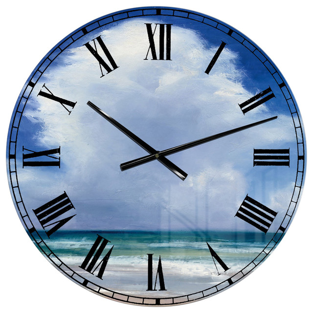 Beach Clouds Ii Coastal Landscape Oversized Metal Clock, 23x23 Beach Style Wall Clocks by