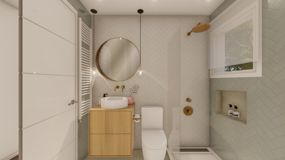 Réalisation d'un petit WC et toilettes minimaliste avec des portes de placard beiges, un carrelage beige, des carreaux de céramique, un mur multicolore, un sol en vinyl, un plan vasque, un plan de toilette en quartz, un sol marron, un plan de toilette blanc et meuble-lavabo sur pied.