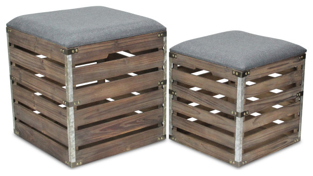 2-Piece Square Wood Slat Storage Bench With Metal Accent And Cushioned Lid