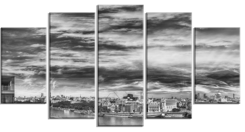 "Black and White Panoramic London" Metal Wall Art, 60"x32" 5 Panel