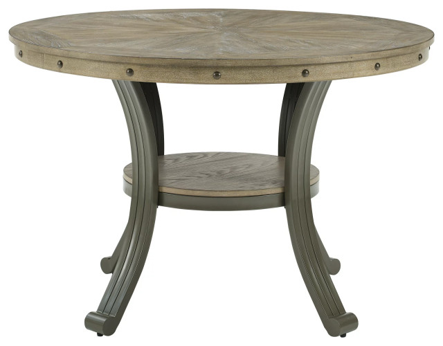 Rustic Dining Table, Metal Legs With Round Top & Lower Open Shelf