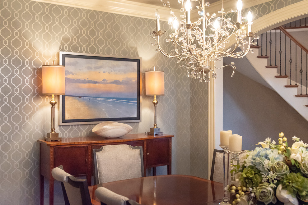 Example of a mid-sized transitional carpeted and beige floor enclosed dining room design with beige walls