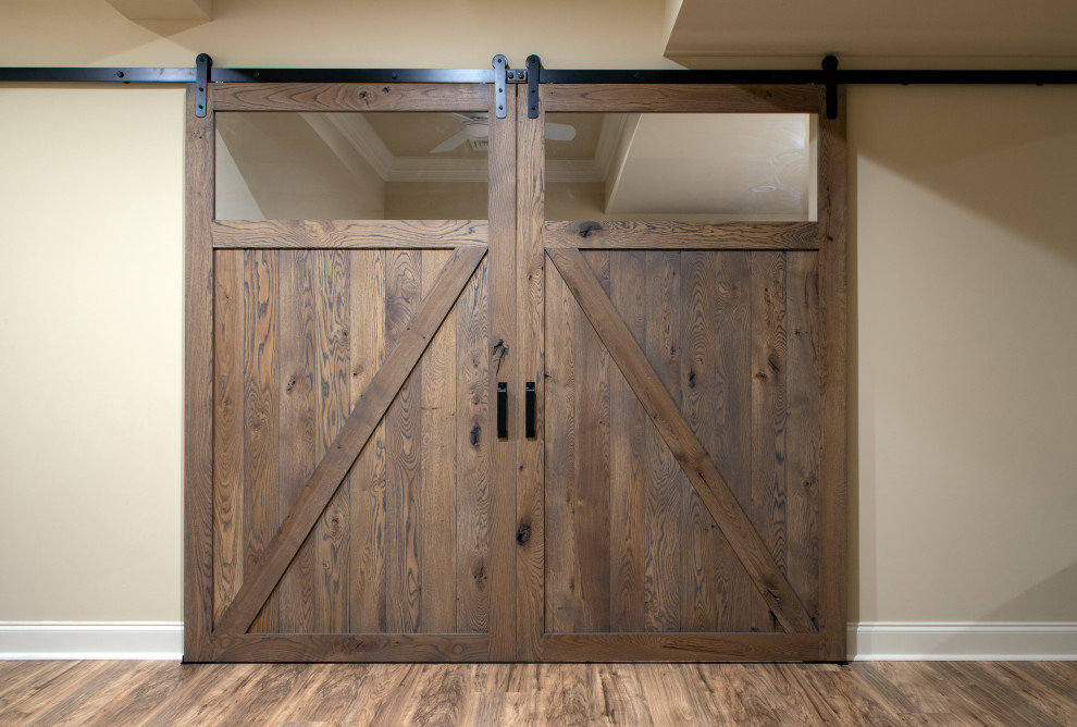 Inspiration for a transitional basement remodel with beige walls