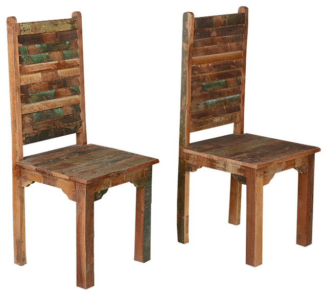 Rustic Reclaimed Wood Multicolor Dining Chairs, Set of 2