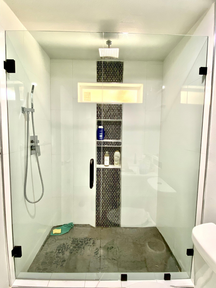 This is an example of a modern bathroom in Other with an alcove shower and a hinged shower door.