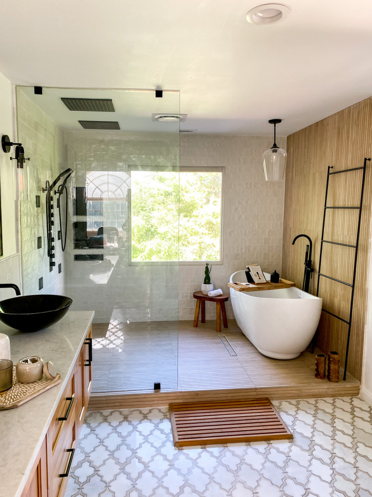 This is an example of a large scandinavian master wet room bathroom in New York with shaker cabinets, medium wood cabinets, a freestanding tub, a one-piece toilet, white tile, mosaic tile, white walls, mosaic tile floors, a vessel sink, quartzite benchtops, multi-coloured floor, an open shower, grey benchtops, a double vanity and a floating vanity.