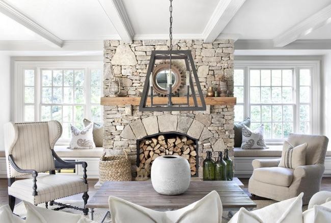 Photo of a mid-sized country formal open concept living room in Los Angeles with white walls, dark hardwood floors, a standard fireplace, a stone fireplace surround and no tv.