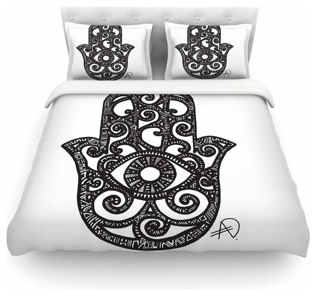 Kess Inhouse Adriana De Leon Hamsa Hand Black White Adriana De Leon Hamsa Hand Black White Featherweight Duvet Cover Twin 68