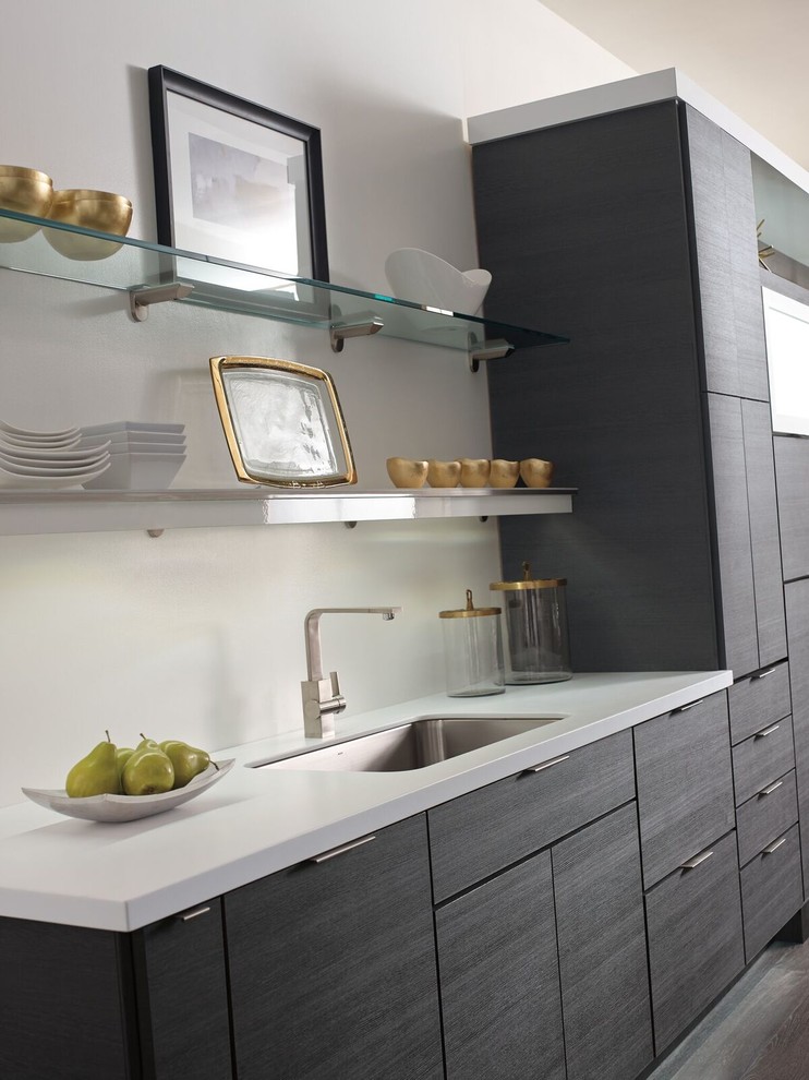 Example of a mid-sized transitional single-wall medium tone wood floor and gray floor enclosed kitchen design with an undermount sink, flat-panel cabinets, gray cabinets, quartz countertops, beige backsplash and no island