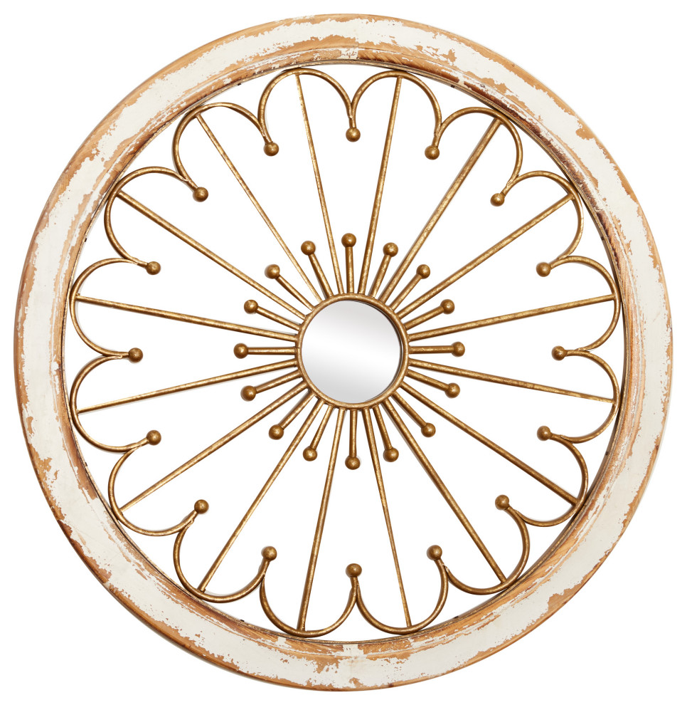 Large, Round White Wood and Gold Metal Mirror Wall Decor Farmhouse Wall Accents by GwG
