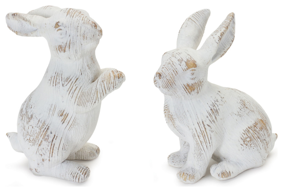 White Washed Rabbit Figurine, 2-Piece Set - Farmhouse - Decorative ...