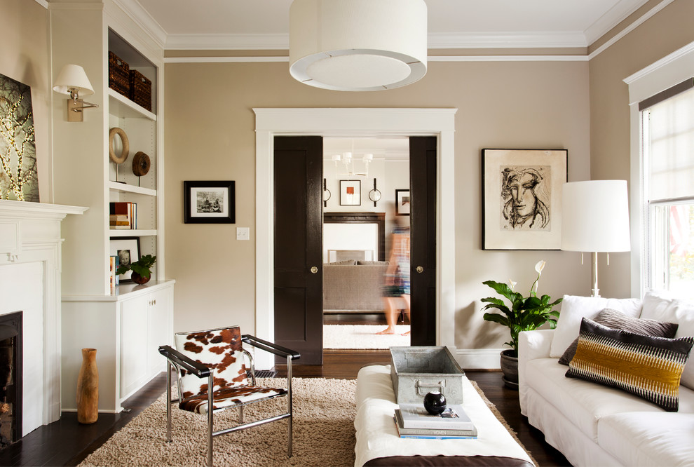 Transitional family room in Atlanta with beige walls.