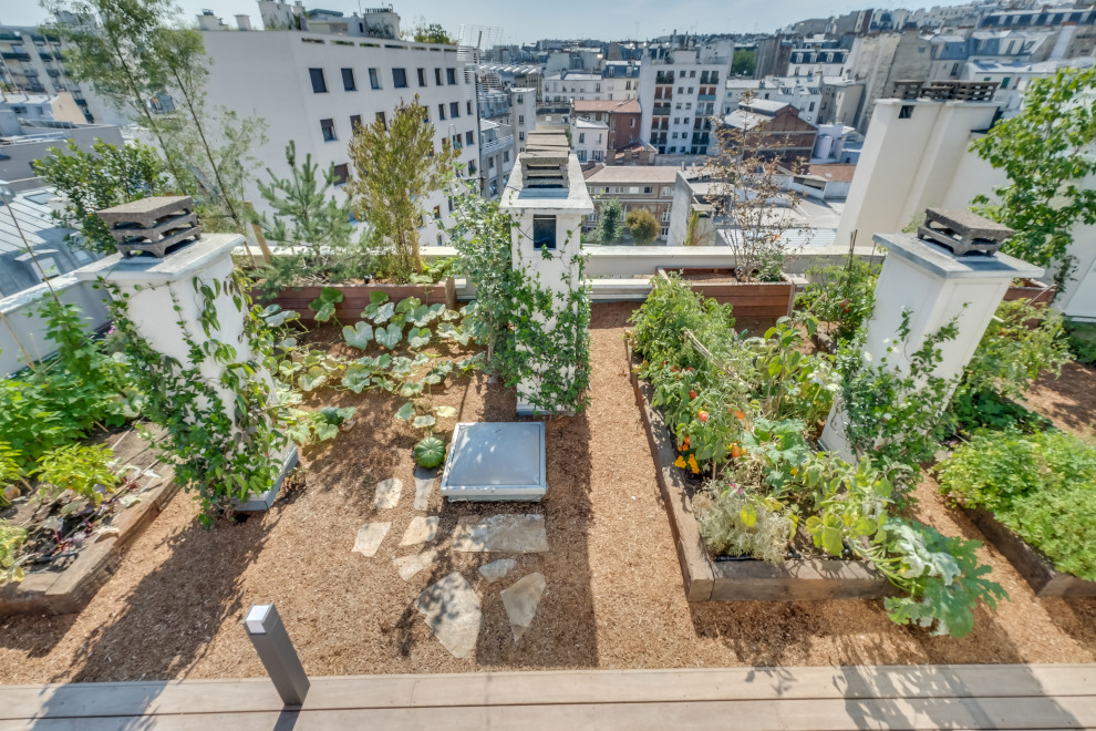 Réalisation d'un jardin champêtre de taille moyenne et au printemps avec une exposition ensoleillée, un paillis et une clôture en bois.