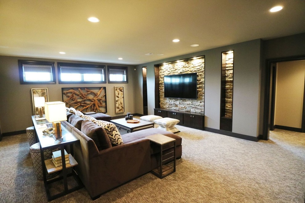 This is an example of a transitional living room in Indianapolis with carpet.