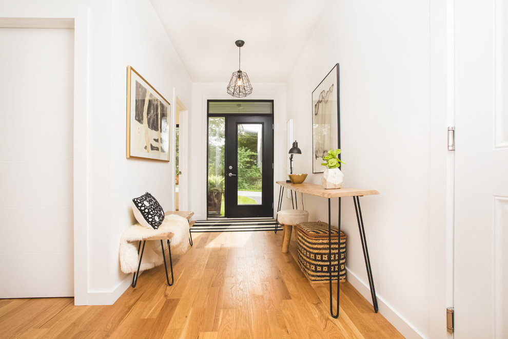 This is an example of a scandinavian entry hall in Other with medium hardwood floors, a single front door and a glass front door.