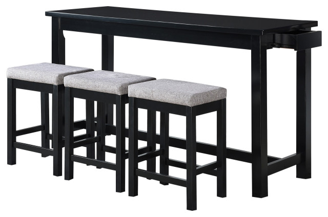 1 Drawer Counter Height Table With Backless Stools,Set Of 4, Black And Gray