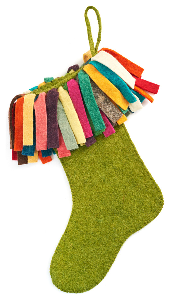 Hand Felted Wool Christmas Stocking in Green With Colorful Fringe
