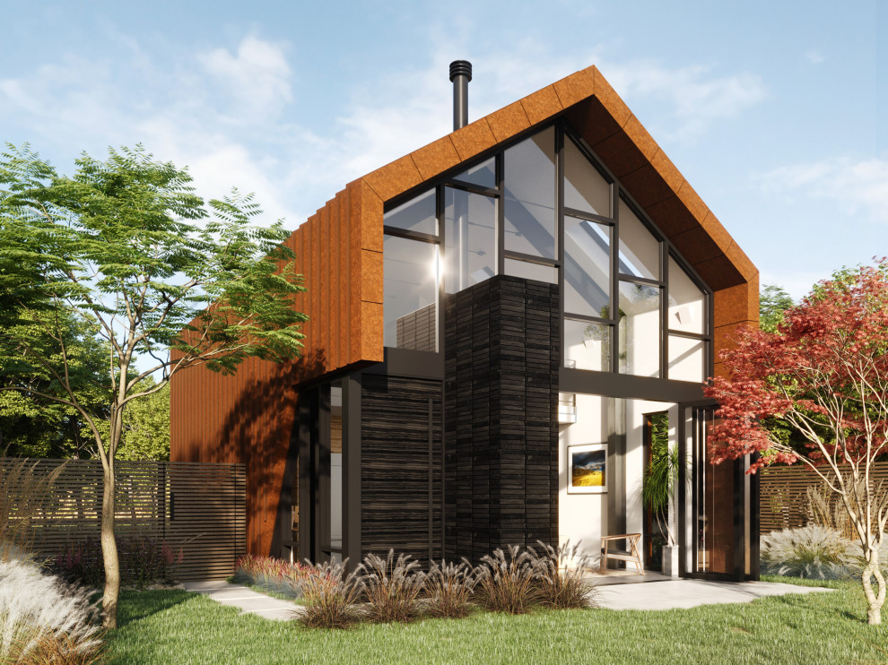 Diseño de fachada minimalista pequeña de dos plantas con revestimiento de metal, tejado a dos aguas, microcasa y tejado de metal