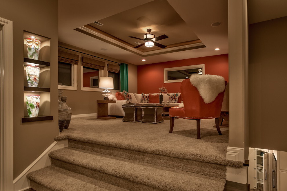 Mid-sized transitional enclosed family room in Omaha with red walls, carpet, no fireplace, no tv and beige floor.