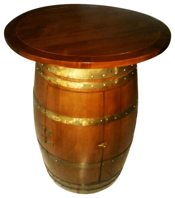 Oak Wine Barrel Bar Table With 36 Teak Round Table Top Rustic
