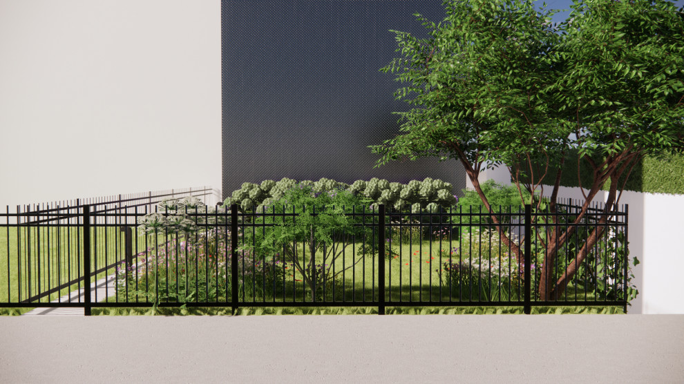 Idee per un piccolo vialetto d'ingresso design esposto a mezz'ombra in cortile in primavera con un ingresso o sentiero, pavimentazioni in cemento e recinzione in metallo