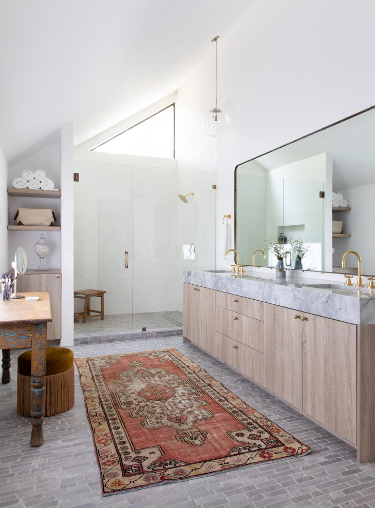 Inspiration for a medium sized contemporary ensuite wet room bathroom in Austin with shaker cabinets, white cabinets, a freestanding bath, a submerged sink, a hinged door, a single sink and a built in vanity unit.
