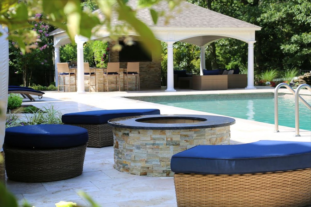 Pool house - large transitional backyard tile and rectangular lap pool house idea in New York