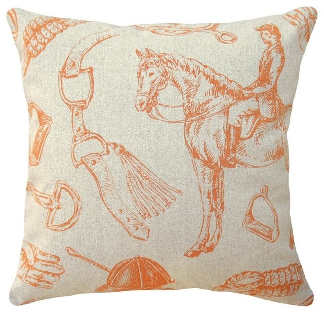 Equestrian Printed Linen Pillow With Feather-Down Insert, Caramel, Orange