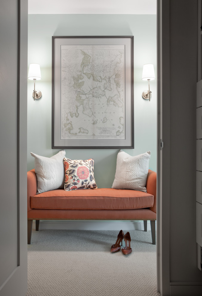 Inspiration for a mid-sized transitional hallway in Boston with blue walls, carpet and grey floor.