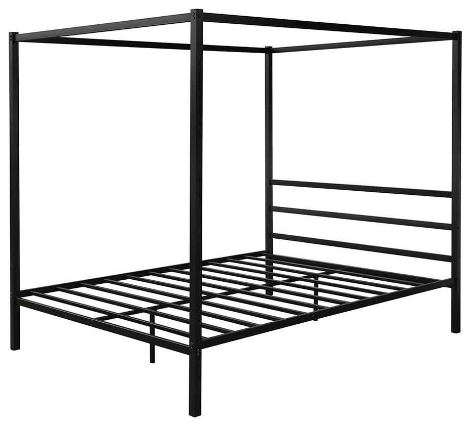Modern Queen Canopy Bed, Sturdy Metal Frame & Bult In Slatted Headboard