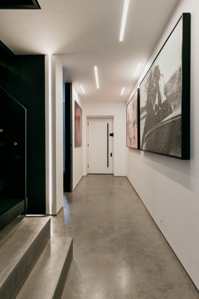 Источник вдохновения для домашнего уюта: коридор среднего размера в современном стиле с белыми стенами, бетонным полом и кессонным потолком