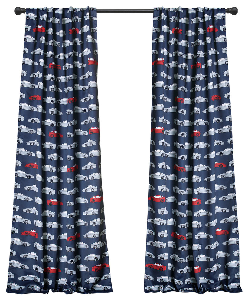 Race Cars Room Darkening Window Curtain Navy/Red Set 52x84