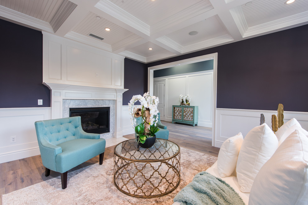 Photo of a mid-sized contemporary formal open concept living room in Los Angeles with purple walls, dark hardwood floors, a standard fireplace, a stone fireplace surround and no tv.