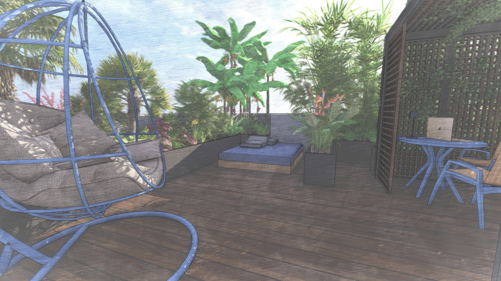 Idéer för mellanstora tropiska takterrasser, med utekrukor, en pergola och räcke i flera material