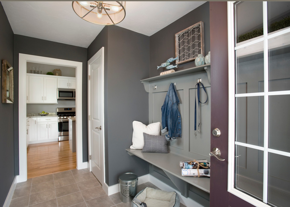 Inspiration for a mid-sized transitional mudroom in Boston with grey walls, ceramic floors, a single front door and a purple front door.