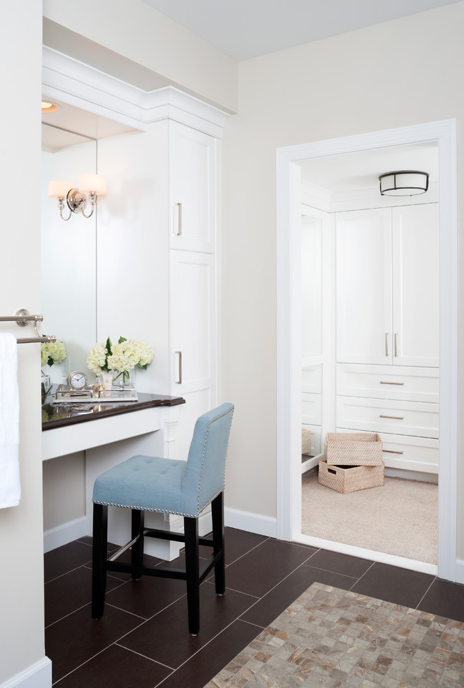 Design ideas for a transitional bathroom in DC Metro with shaker cabinets and white cabinets.