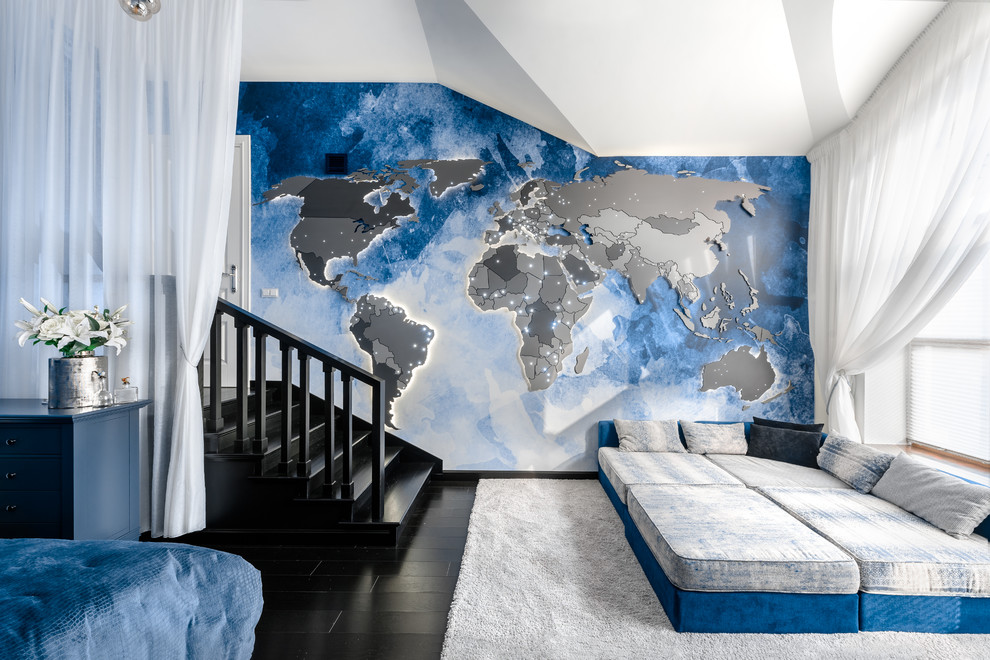 Design ideas for a contemporary master bedroom in Moscow with blue walls, dark hardwood floors and black floor.