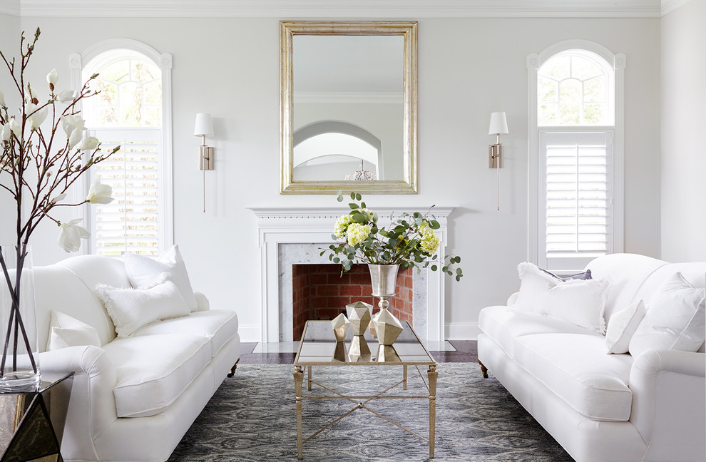 Living room - traditional formal dark wood floor living room idea in Philadelphia with white walls, a standard fireplace, a brick fireplace and no tv