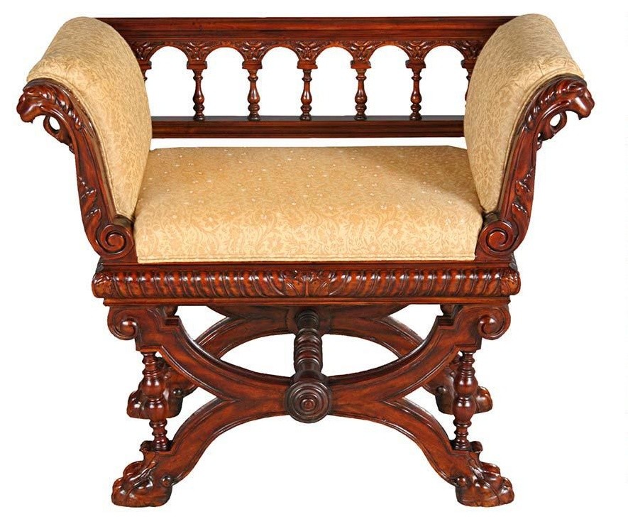 Antique Replica Handcarved Solid Mahogany Double Griffin Bench Side