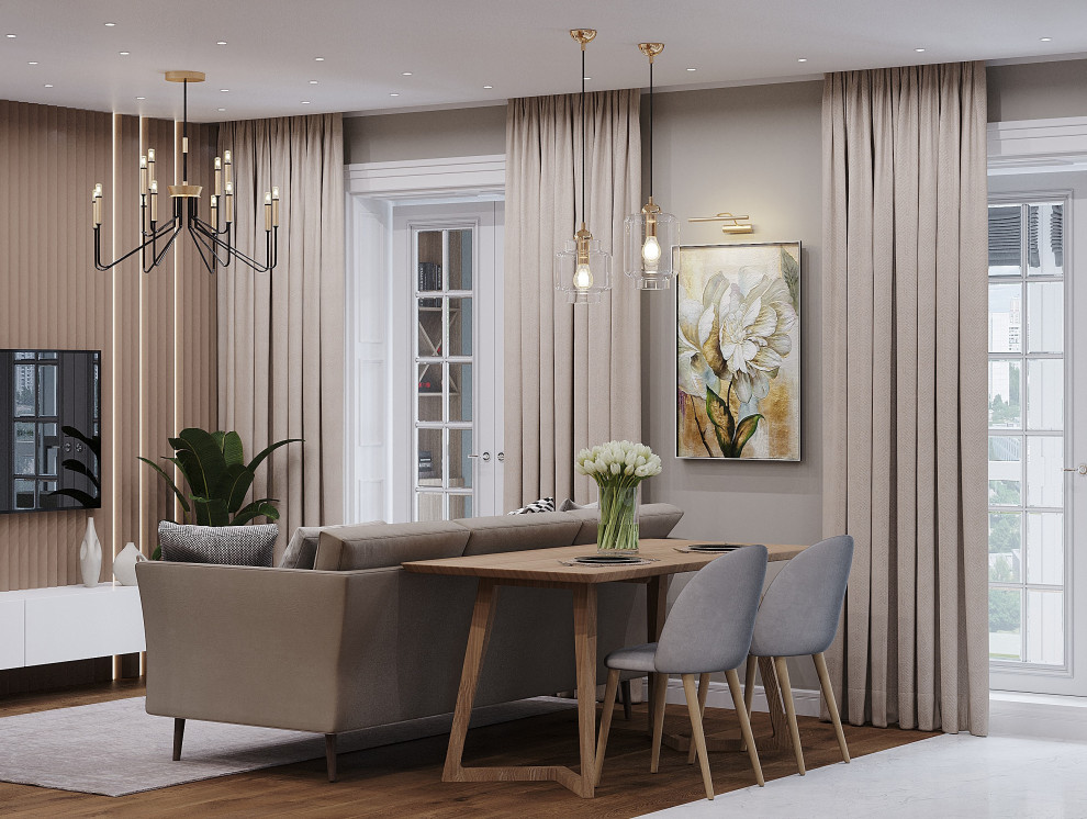 Кухня-гостиная в современном стиле с элементами классики