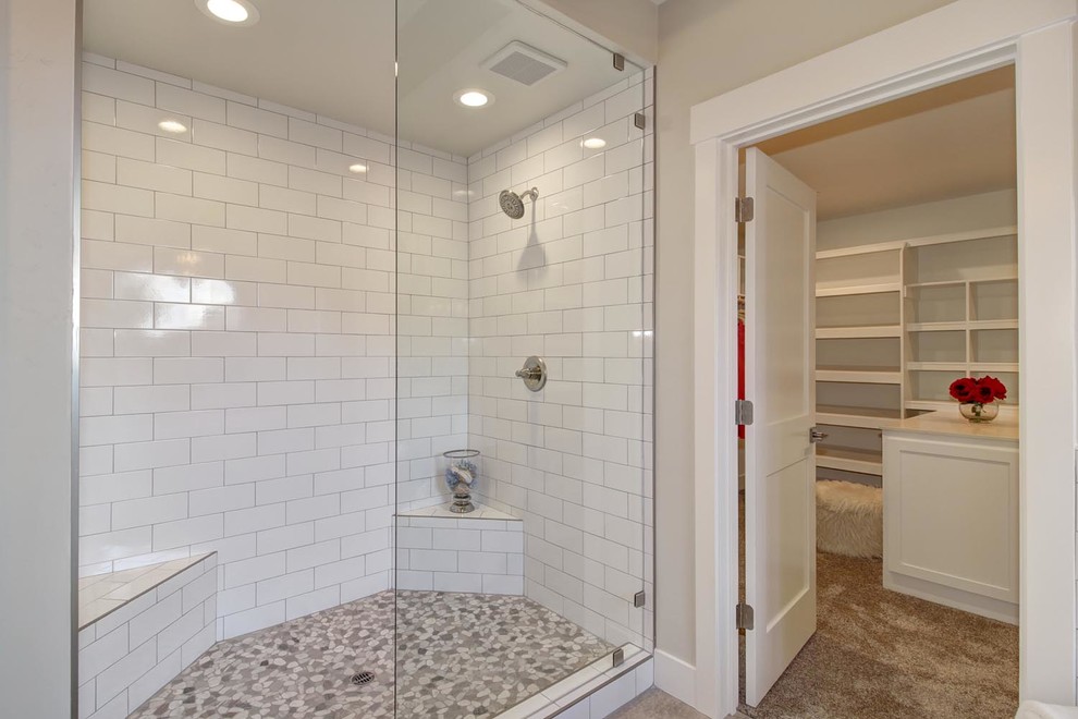 Inspiration for a mid-sized traditional master bathroom in Sacramento with shaker cabinets, white cabinets, a freestanding tub, white tile, grey walls, an undermount sink, engineered quartz benchtops, white benchtops, a double vanity and a built-in vanity.