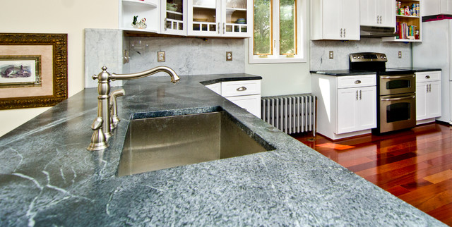 Soapstone Counters With White Carrara Marble Full Backsplash