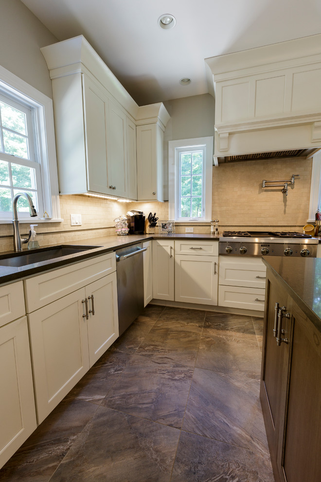 Open concept kitchen - mid-sized rustic l-shaped porcelain tile and beige floor open concept kitchen idea in Bridgeport with an undermount sink, shaker cabinets, white cabinets, granite countertops, beige backsplash, porcelain backsplash, stainless steel appliances and an island