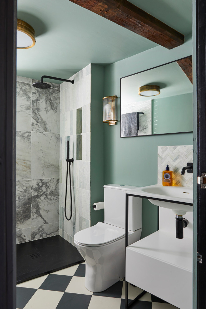 Design ideas for an eclectic bathroom in Gloucestershire with flat-panel cabinets, white cabinets, an alcove shower, a two-piece toilet, grey tiles, green walls, multi-coloured floors, an open shower, a wall niche, a single sink and a freestanding vanity unit.