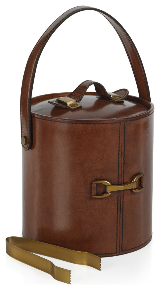 Chadwell Leather Ice Bucket With Gold Metal Ice Tong Ice Tools And