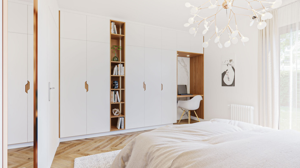 На фото: хозяйская спальня среднего размера, в белых тонах с отделкой деревом в современном стиле с белыми стенами, светлым паркетным полом, коричневым полом и обоями на стенах с